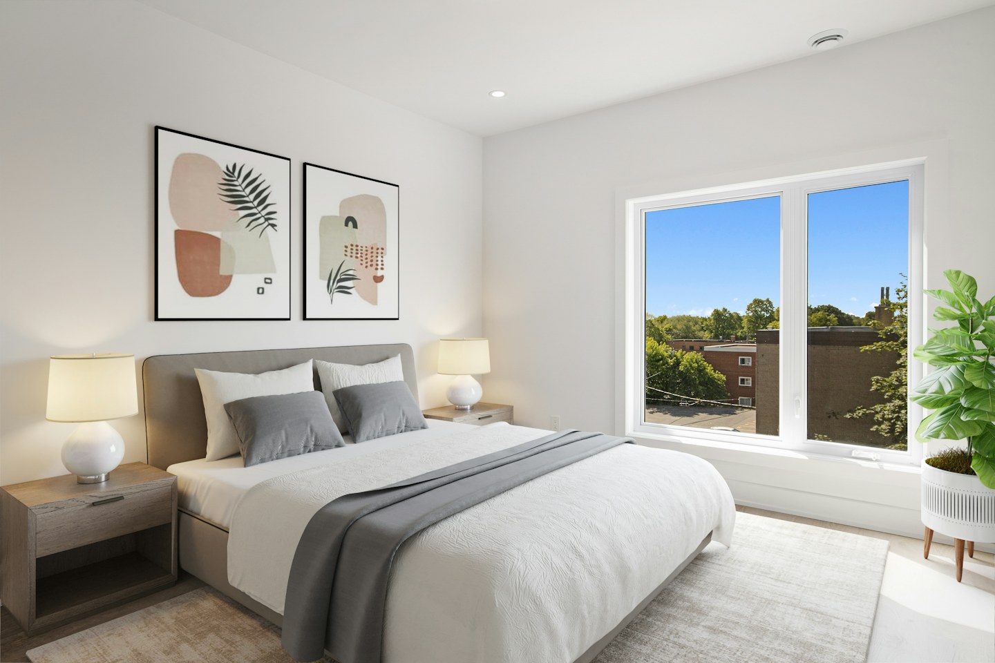 A guest bedroom with a neatly made bed, bedside lamps, and a large window.