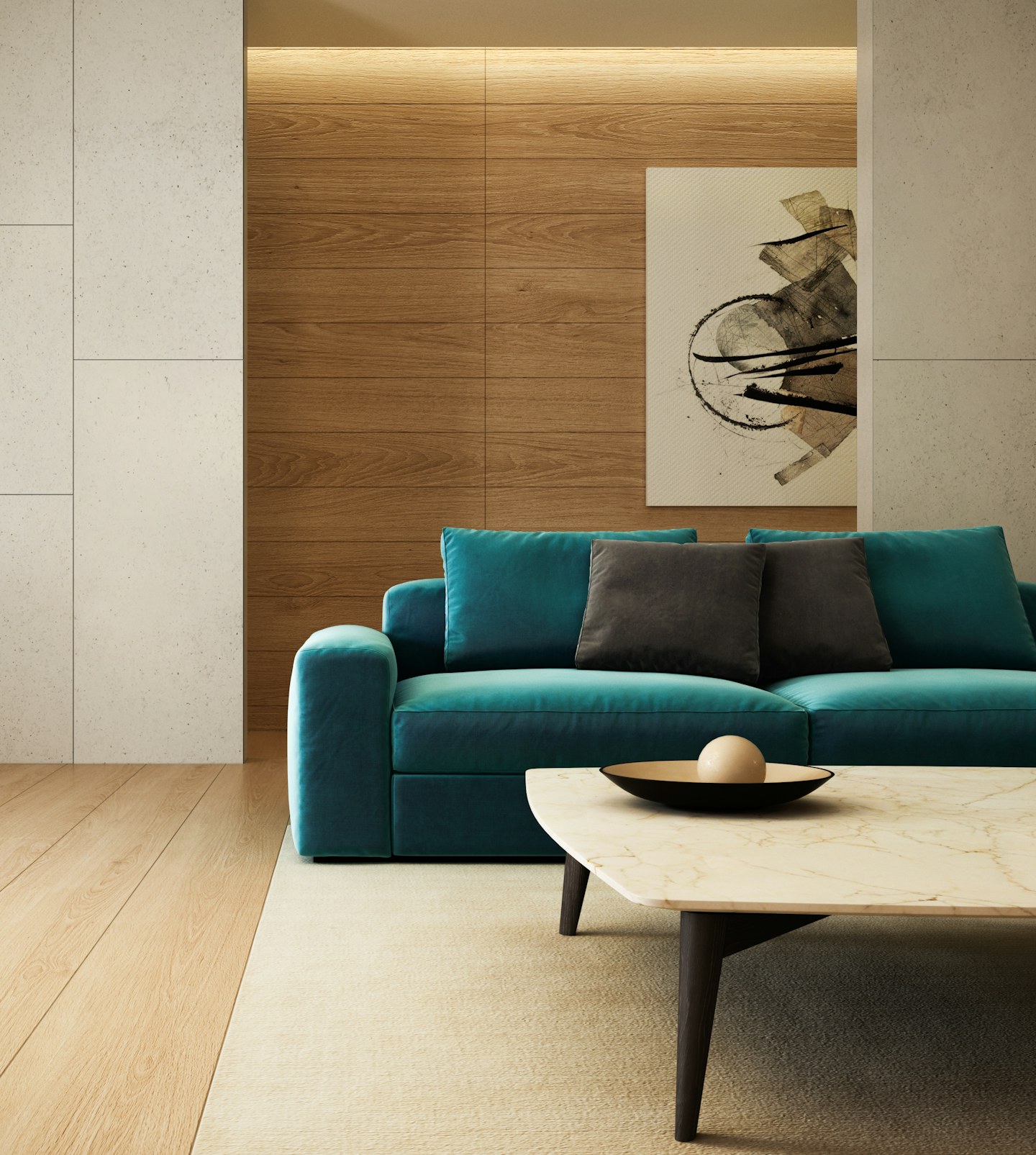 A living room with a teal sofa, wooden tables, and a pale floor rug.