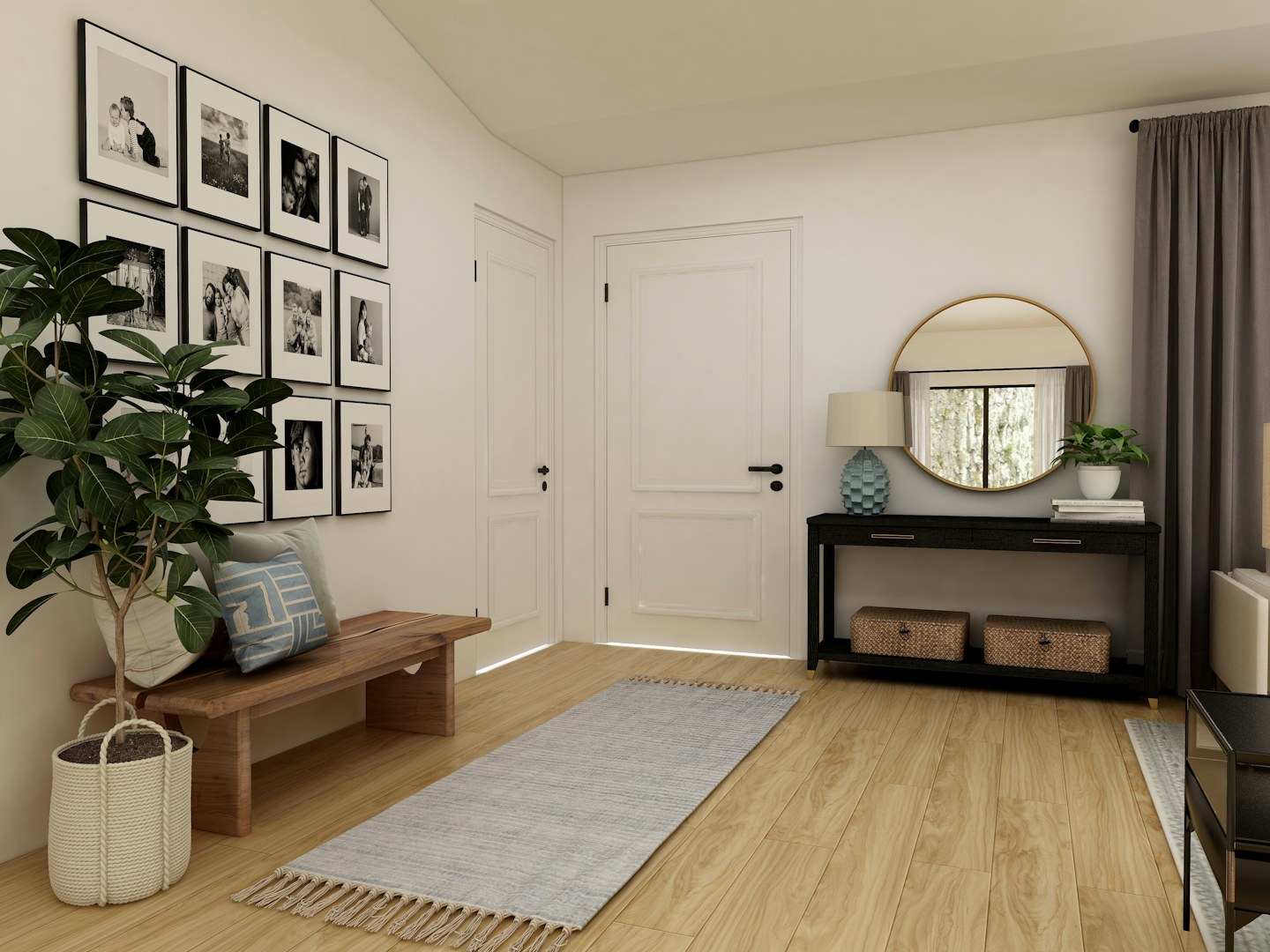 A bright entryway with a console, round mirror, bench, and floor rug.